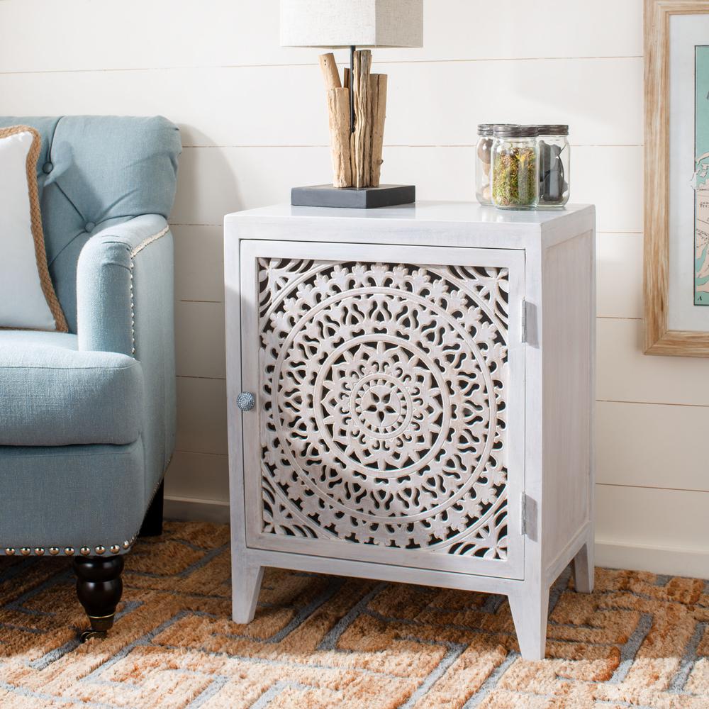 Thea 1 Door Carved Nightstand, White Wash
