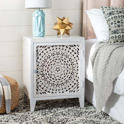 Thea 1 Door Carved Nightstand, White Wash