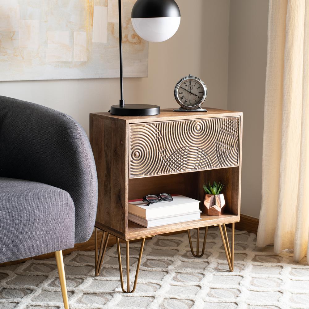 Solene 1 Drawer Textured Nightstand, Natural/Brass
