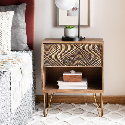 Solene 1 Drawer Textured Nightstand, Natural/Brass