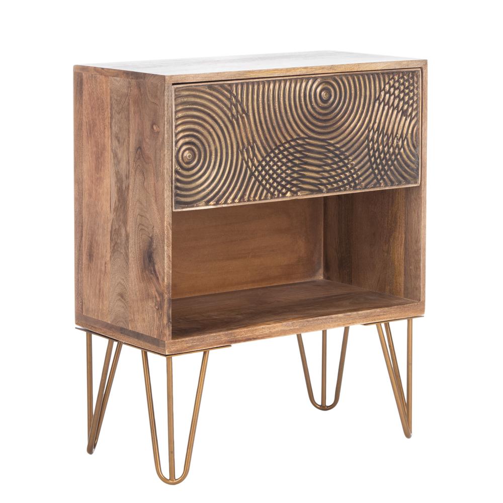 Solene 1 Drawer Textured Nightstand, Natural/Brass