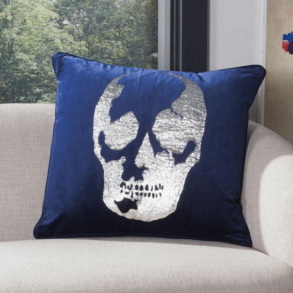 Rayen Skull Pillow, Dark Blue/Silver