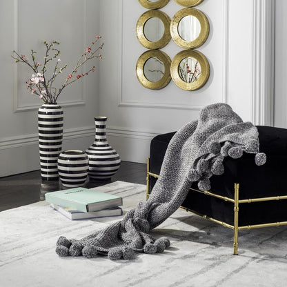 Pom Pom Knit Throw, Dark Grey/Natural