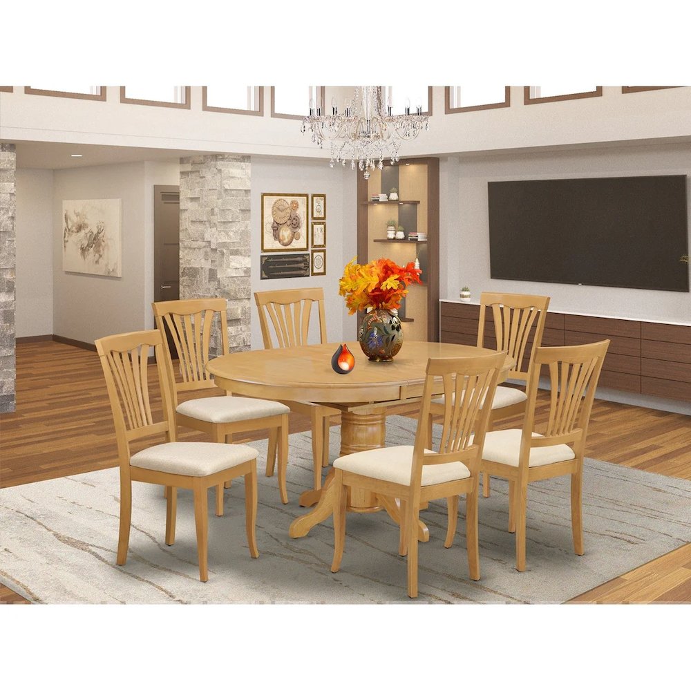 7 Pcs Dining Set Consist of an Oval Kitchen Table with Butterfly Leaf and 6 Linen Fabric Upholstered Chairs