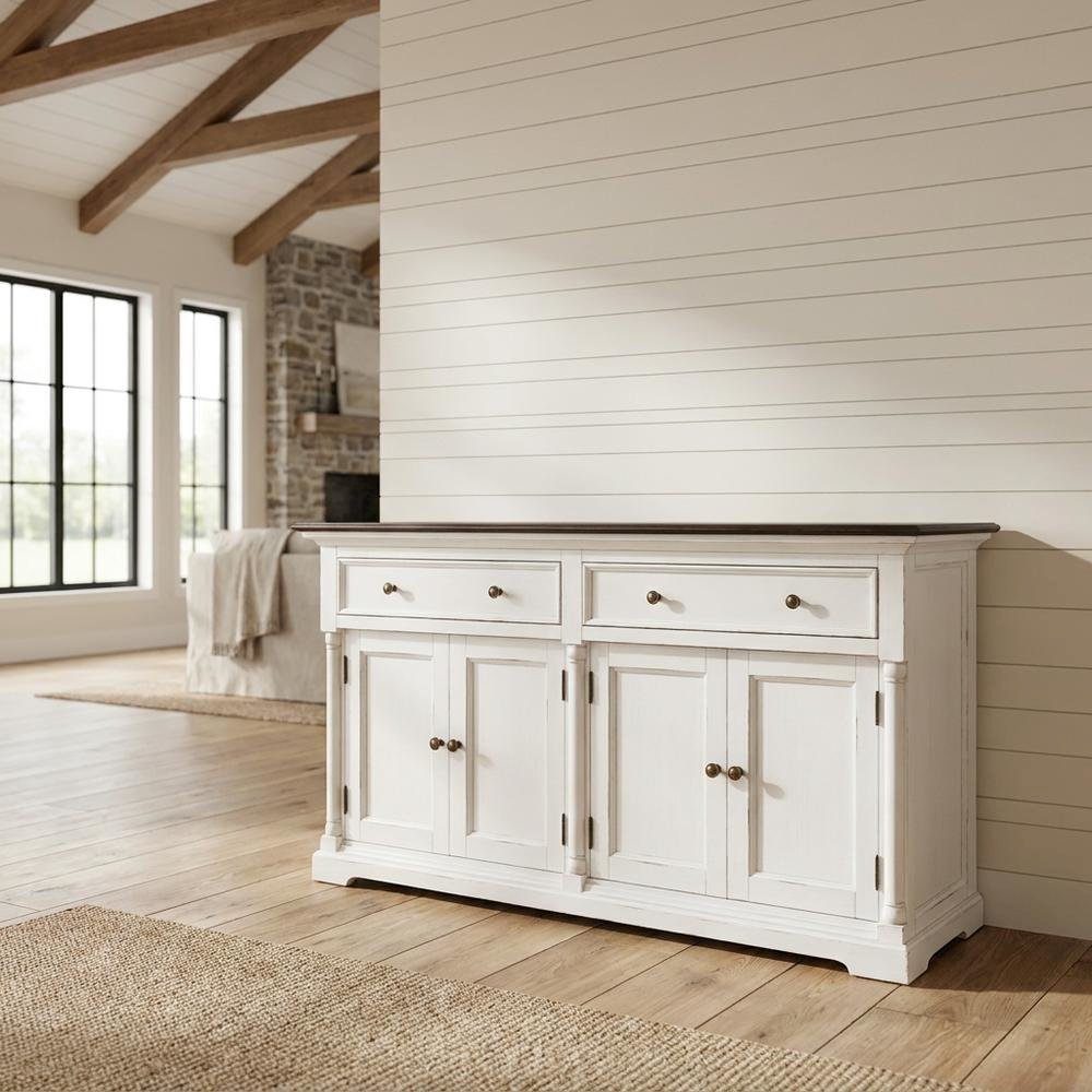 Mahogany Veneer Buffet with Distressed Finish, Doors and Drawers Storage Cabinet