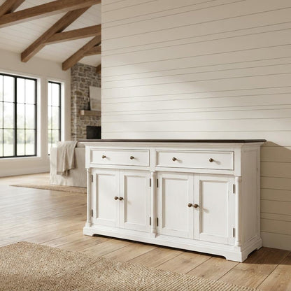 Mahogany Veneer Buffet with Distressed Finish, Doors and Drawers Storage Cabinet