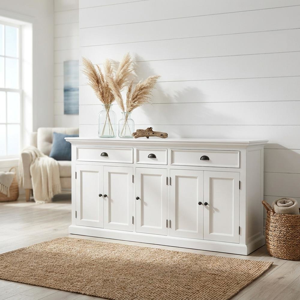 Mahogany Kitchen Buffet with 5 Doors, 3 Drawers, and Antique Brass Hardware