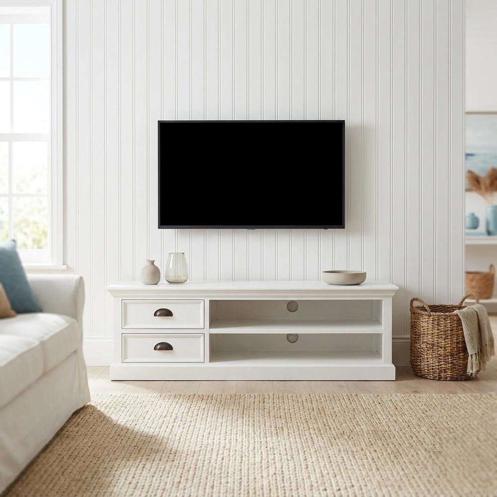 Mahogany TV Stand with Drawers, Open Shelves, and Cable Management with Storage