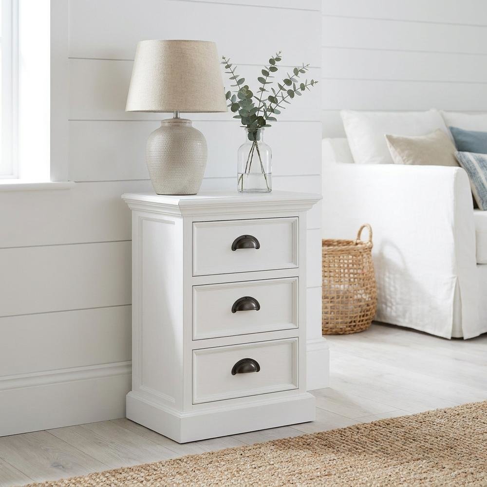Mahogany and MDF Bedside Nightstand with Antique Brass Hardware, 3 Drawers