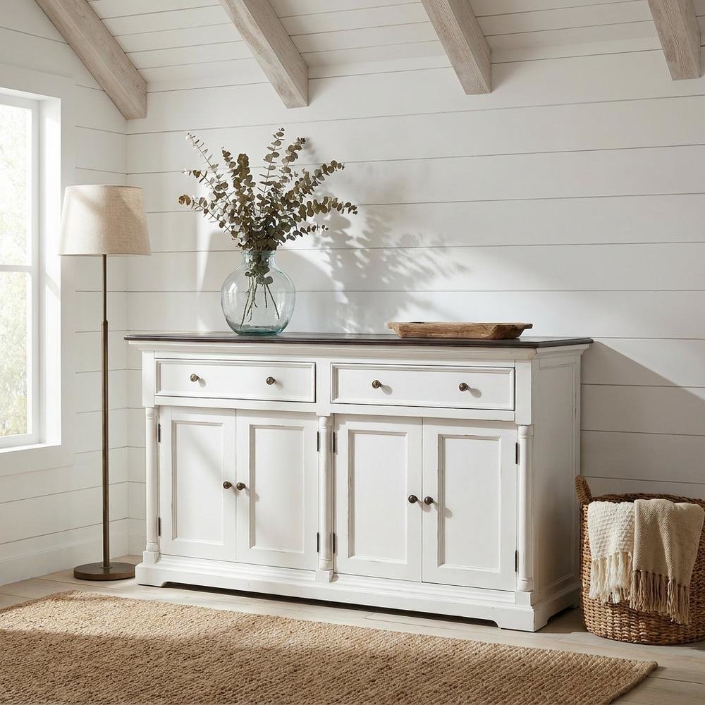 Mahogany Veneer Buffet with Distressed Finish, Doors and Drawers Storage Cabinet