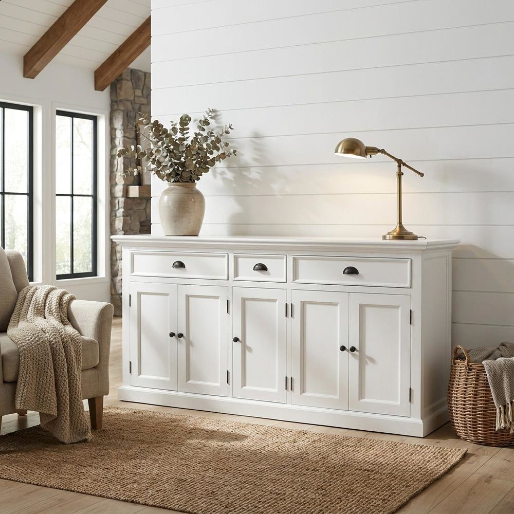 Mahogany Kitchen Buffet with 5 Doors, 3 Drawers, and Antique Brass Hardware