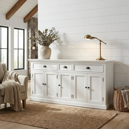 Mahogany Kitchen Buffet with 5 Doors, 3 Drawers, and Antique Brass Hardware