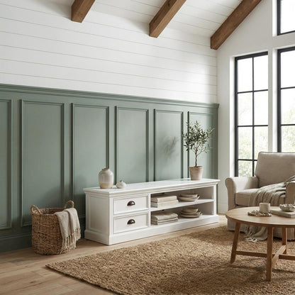 Mahogany TV Stand with Drawers, Open Shelves, and Cable Management with Storage