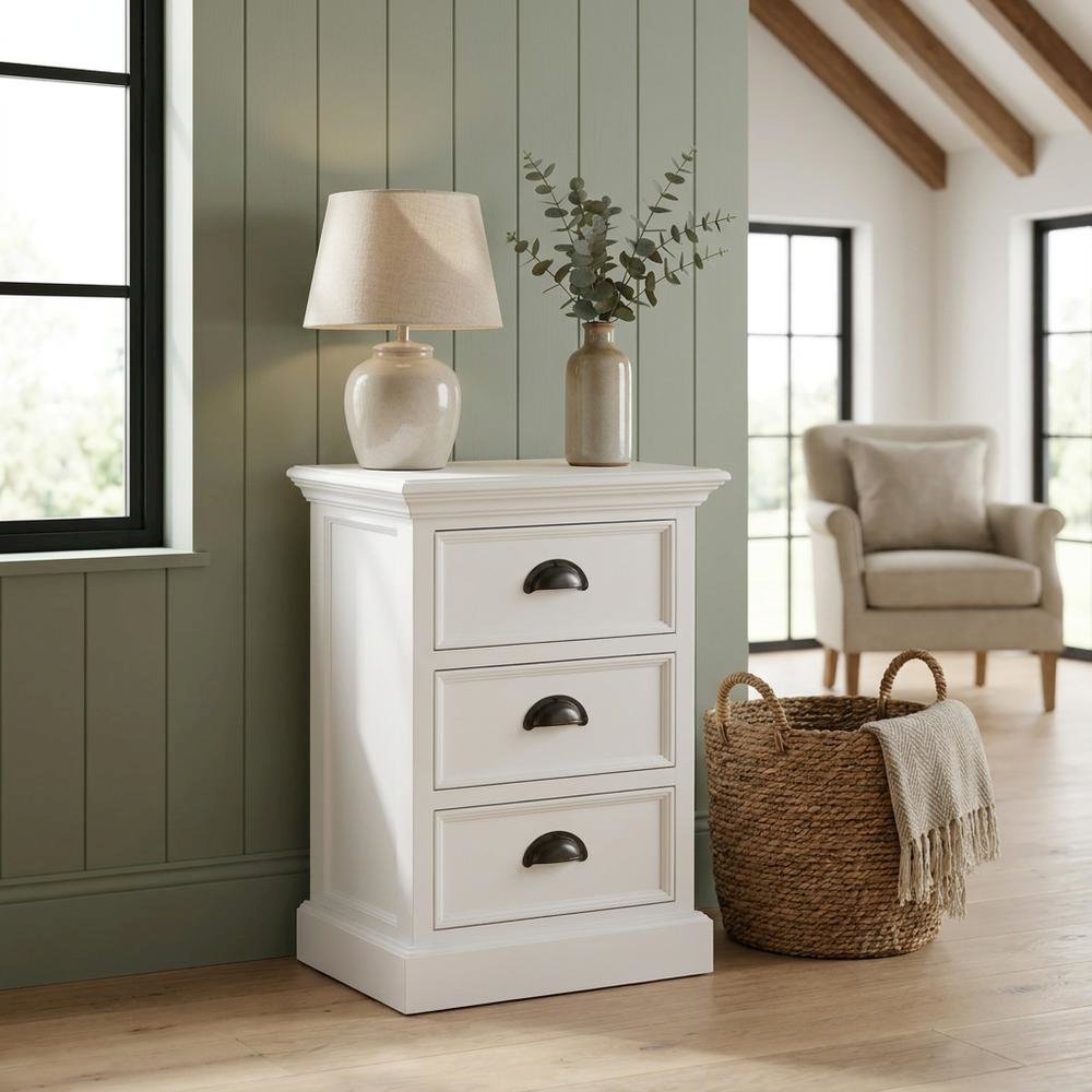 Mahogany and MDF Bedside Nightstand with Antique Brass Hardware, 3 Drawers