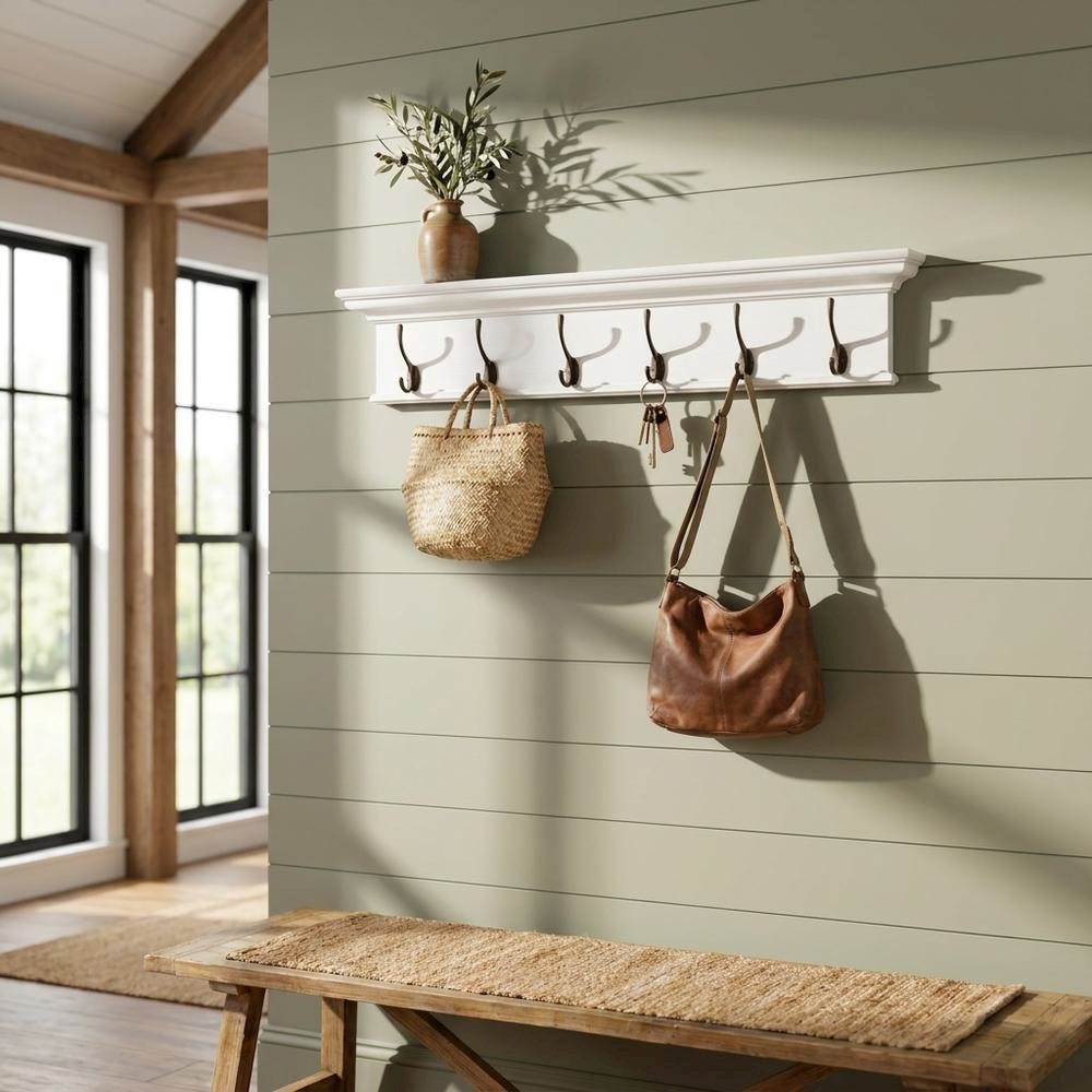 Mahogany Wood Wall Coat Rack with Hat Shelf and French Cleat Mount for Entryway