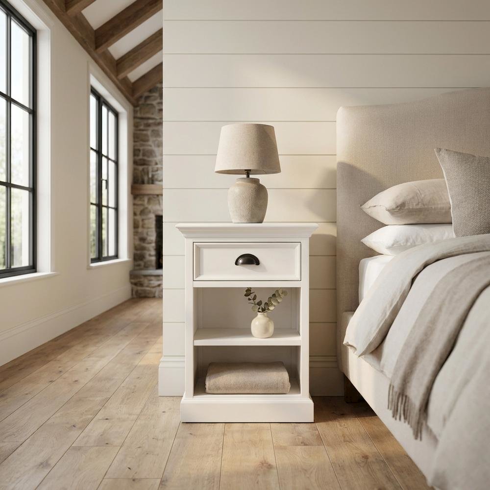Mahogany Bedside Table with Drawer and Open Shelves, Antique Brass Hardware
