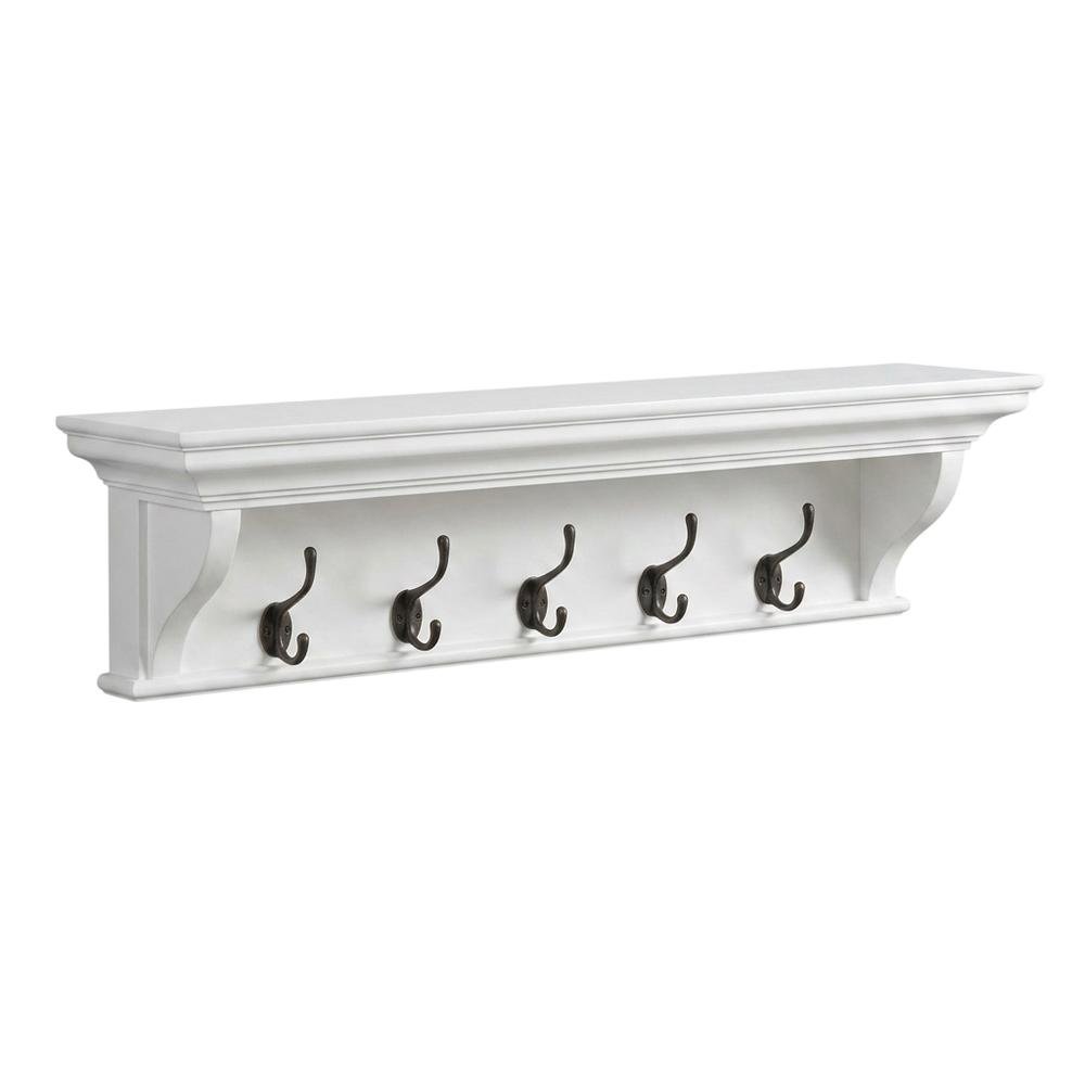 Mahogany and MDF Wall Coat Rack with Hat Shelf and Antique Brass Hardware