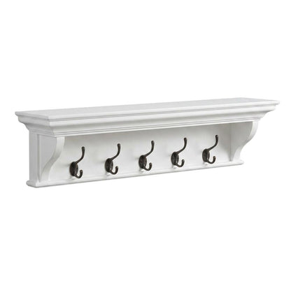 Mahogany and MDF Wall Coat Rack with Hat Shelf and Antique Brass Hardware