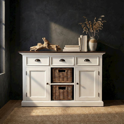 Halifax Accent White Distress & Deep Brown Buffet with 2 Baskets