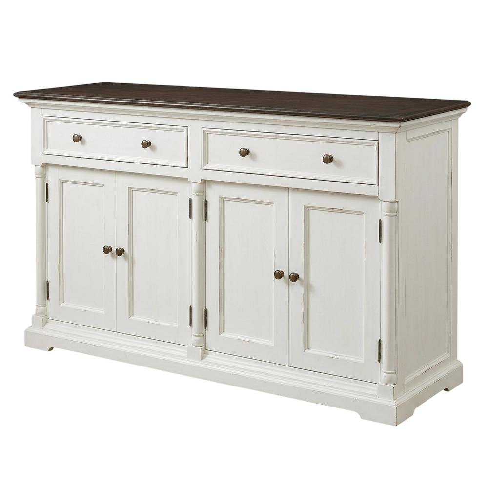 Mahogany Veneer Buffet with Distressed Finish, Doors and Drawers Storage Cabinet