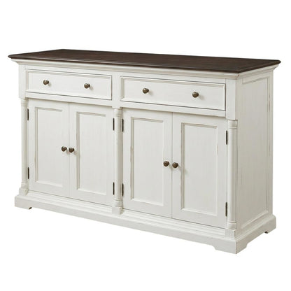 Mahogany Veneer Buffet with Distressed Finish, Doors and Drawers Storage Cabinet