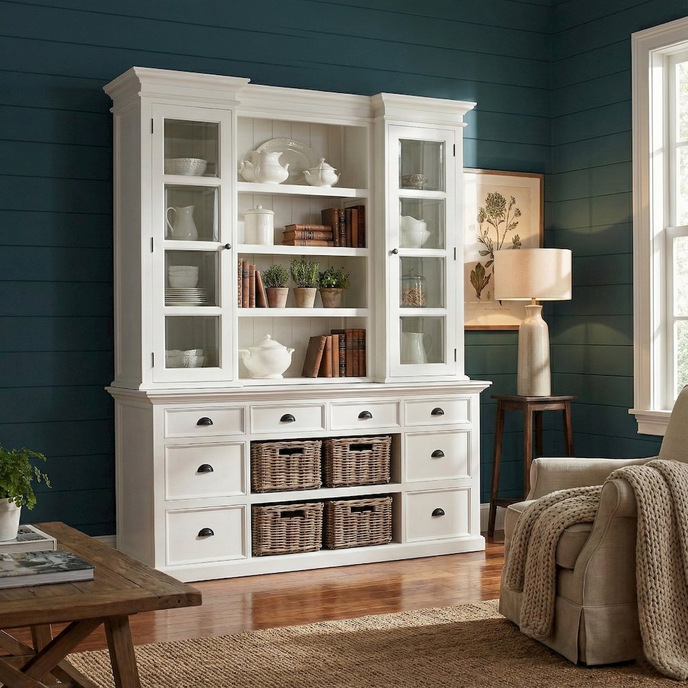Halifax Classic White Library Hutch with Basket Set
