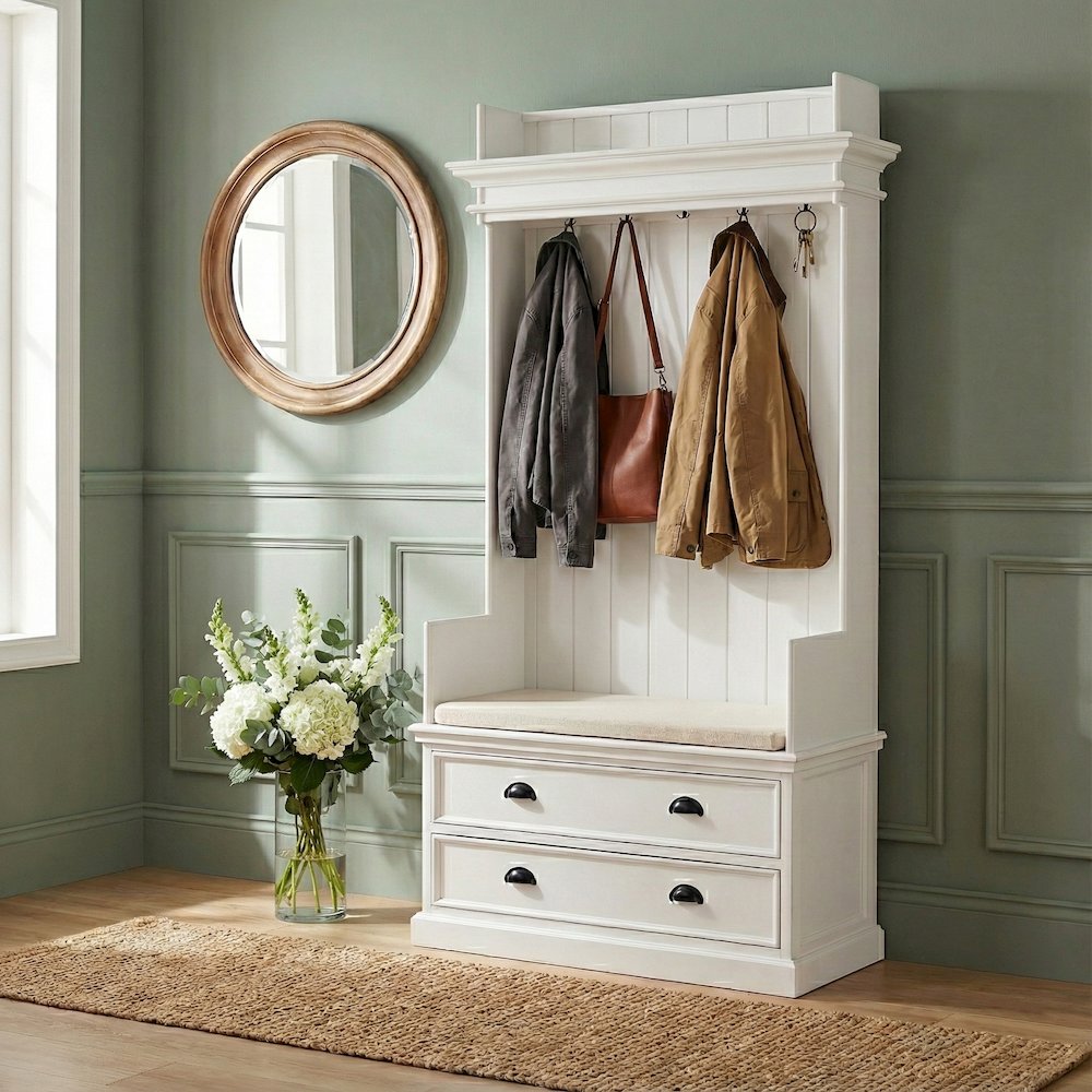 Halifax Classic White Entryway Coat Rack & Bench Unit
