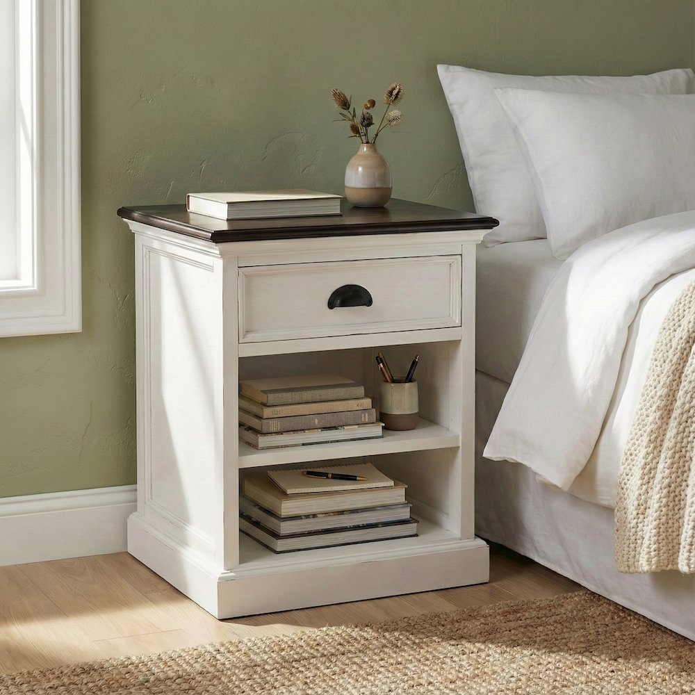 Halifax Accent White Distress & Deep Brown Bedside Table with Shelves