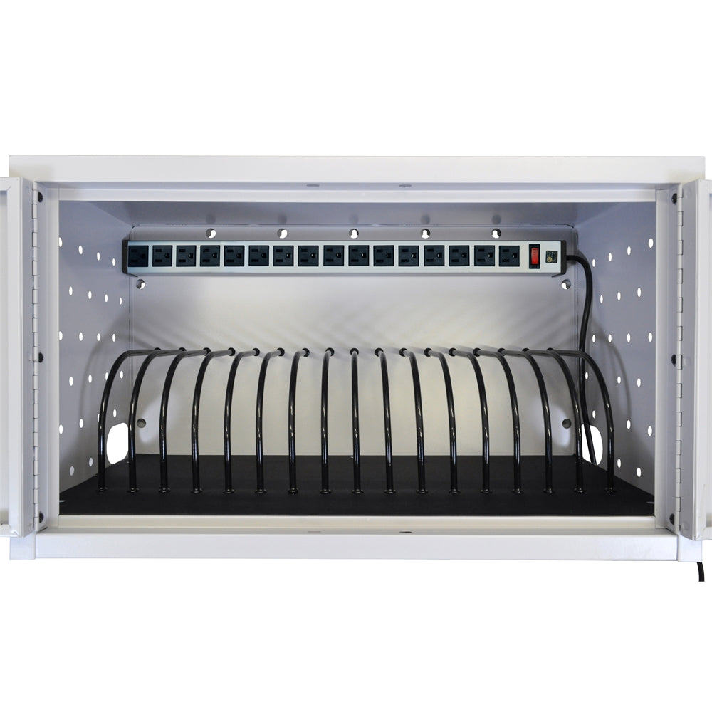 Wall/ Desk Charging Box 16 Tablets/Chromebooks includes a 16 outlet horizontal power strip.