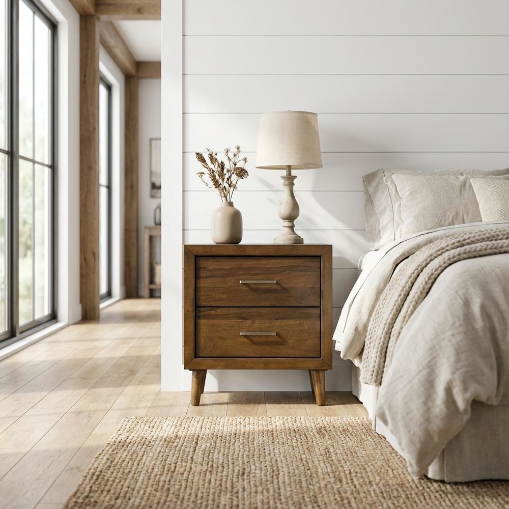 Walnut Nightstand in Mid-Century Modern Style with 2 Drawers