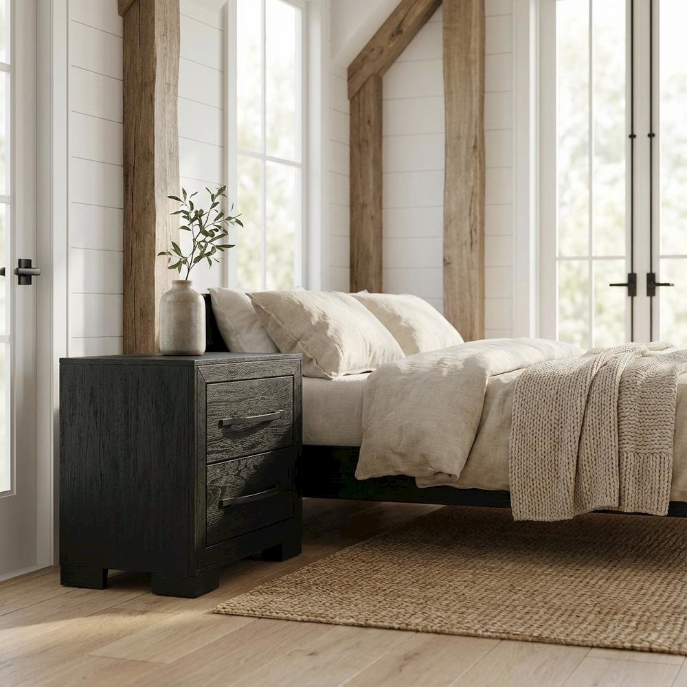 Black Modern Nightstand with 2 Drawers and Sleek Finish