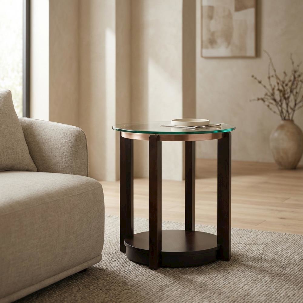 Glam End Table with Glass Top, Modern Accent Side Table for Living Room,Brown