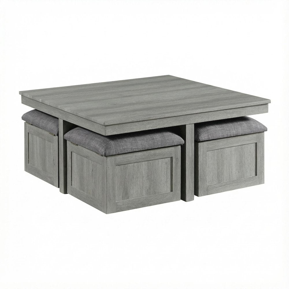 Light Grey Coffee Table with Four Storage Stools and Polyurethane Foam Seating