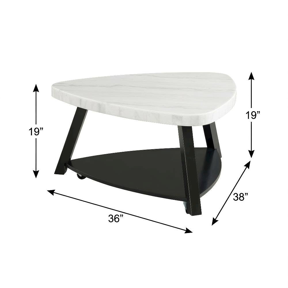 White Modern Coffee Table with Shelf and 2-Inch Thick Top, Single Piece