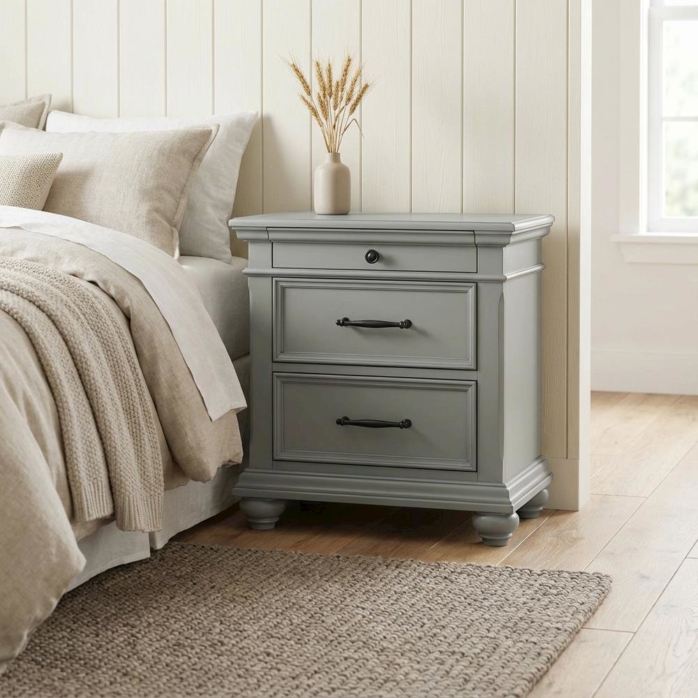 Grey Nightstand with 3 Drawers, Usb Ports, and Traditional Style