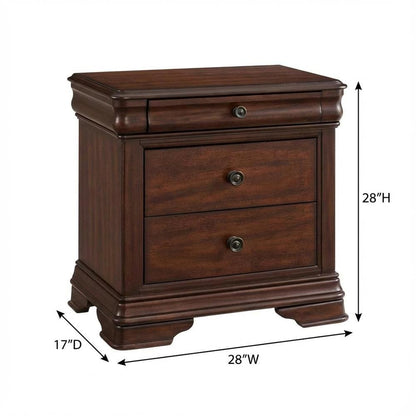 Cherry Nightstand with Usb Port and Traditional Style, 3-Drawer Storage