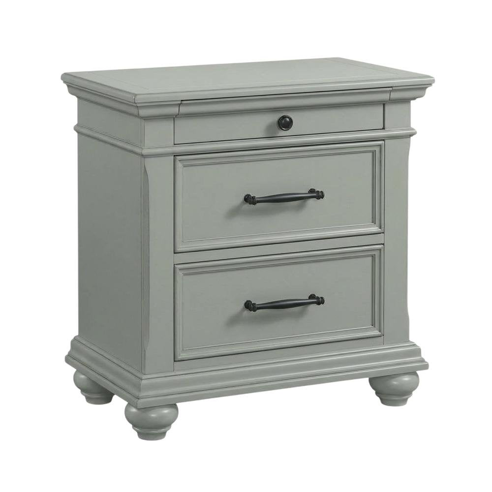 Grey Nightstand with 3 Drawers, Usb Ports, and Traditional Style