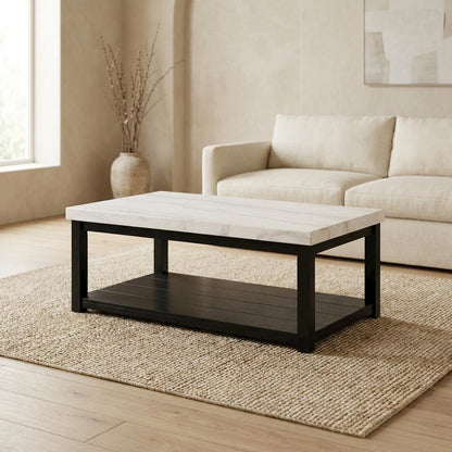 Marble Top Rectangle Coffee Table, Transitional Cocktail Table,White