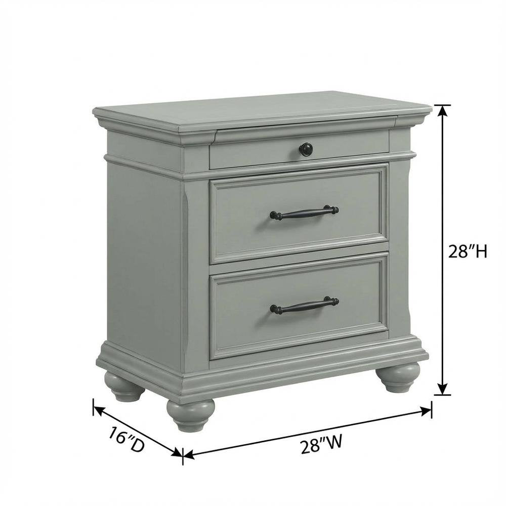 Grey Nightstand with 3 Drawers, Usb Ports, and Traditional Style