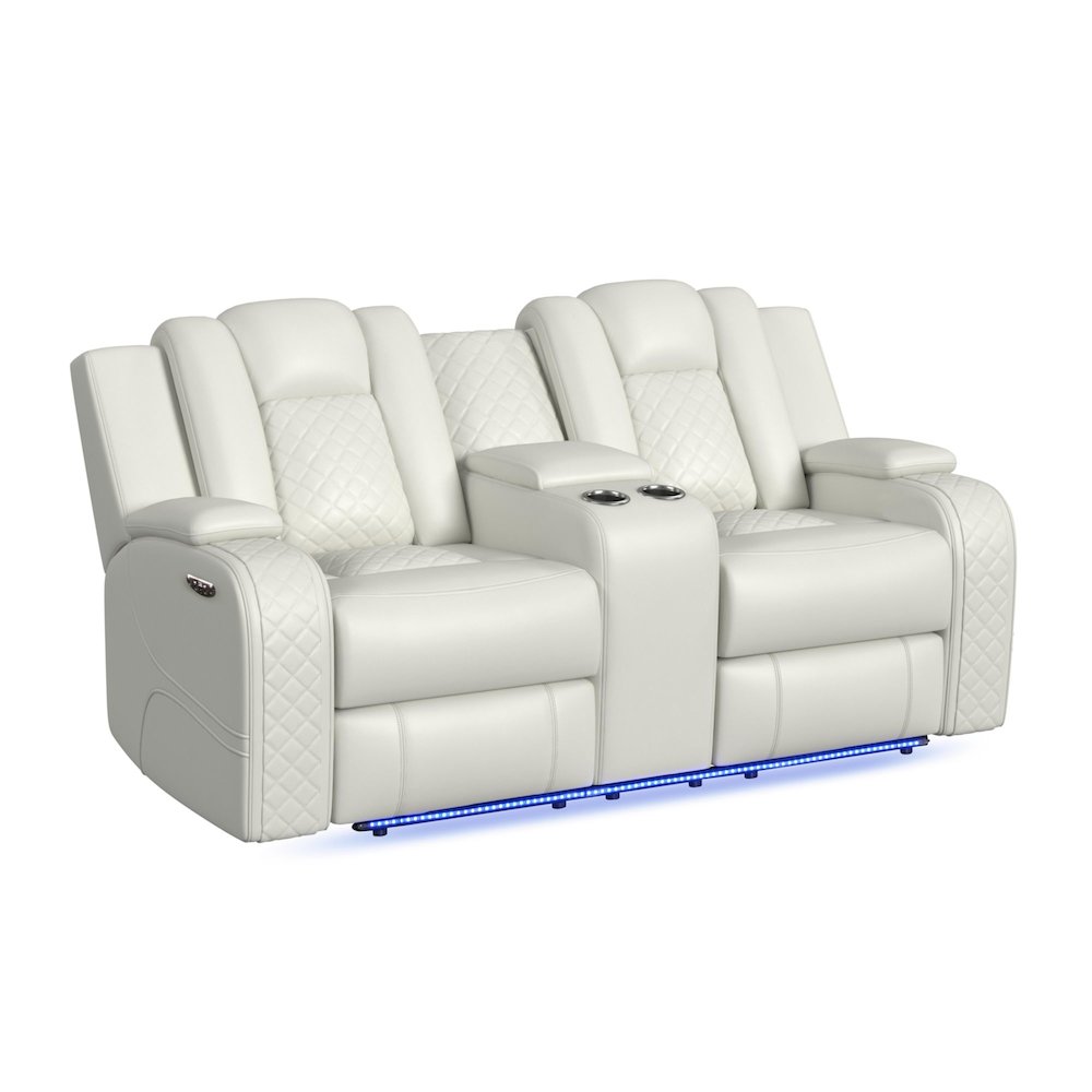 Power Motion Loveseat with Power Headrest, Console and LED in Pebble Oyster