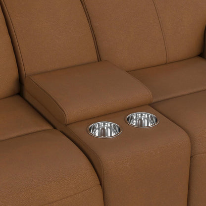 Power Motion Loveseat with Console, Power Headrest and Lumbar in Aline Butternut