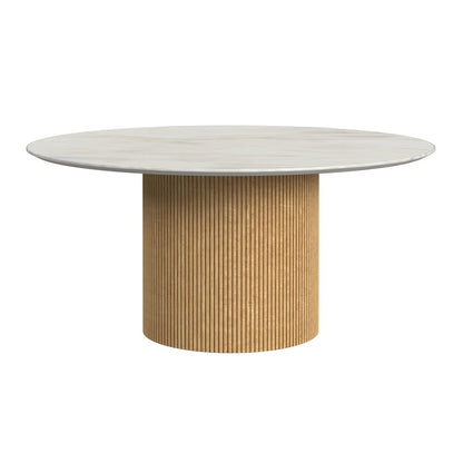Sutton 3PC Table Set White Faux Marble Base Natural-Coffee Table Two End Tables