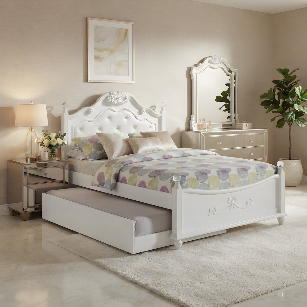 Okume Full Size Platform Bed with Storage Trundle and Headboard, White