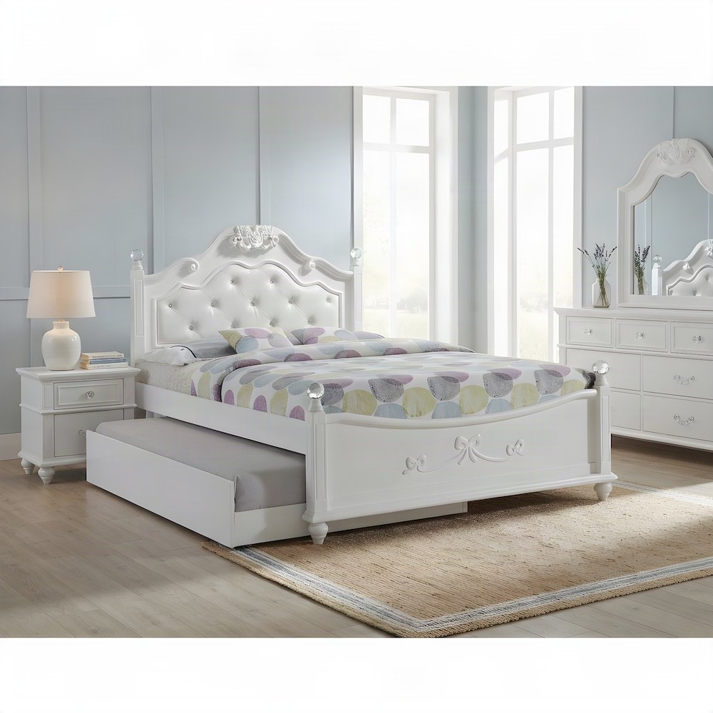 Okume Full Size Platform Bed with Storage Trundle and Headboard, White
