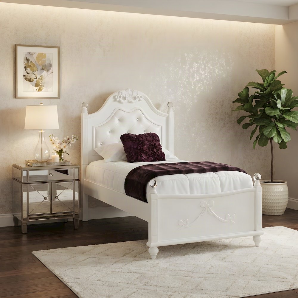 Okume Twin Bed Frame with Headboard, Traditional Platform Bedframe, White