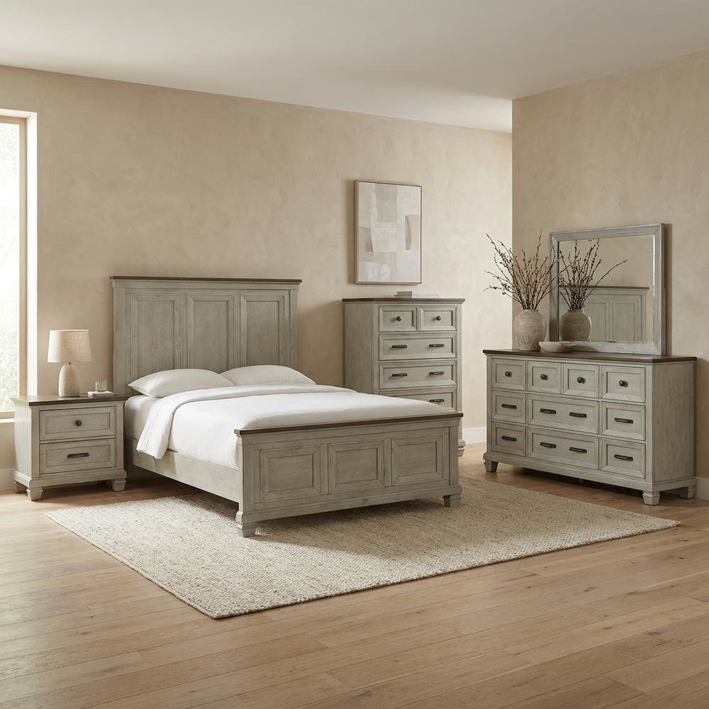 Acacia Panel Queen Bed, Mirror, and Nightstand Farmhouse Set, Medium Brown