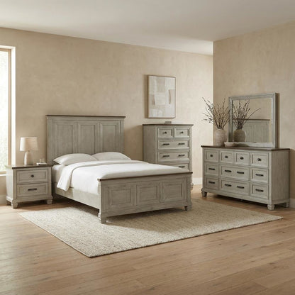Acacia Panel Queen Bed, Mirror, and Nightstand Farmhouse Set, Medium Brown