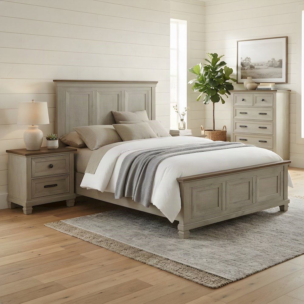 Acacia Queen Panel Bed Frame with Farmhouse Headboard, Washed Stone