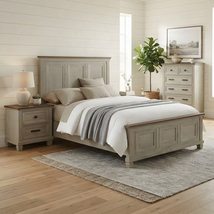 Acacia Queen Panel Bed Frame with Farmhouse Headboard, Washed Stone