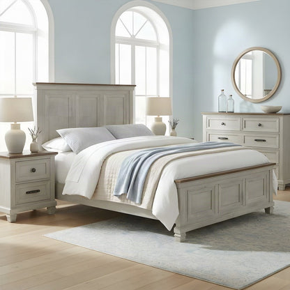 Acacia Queen Panel Bed Frame with Farmhouse Headboard, Washed Stone